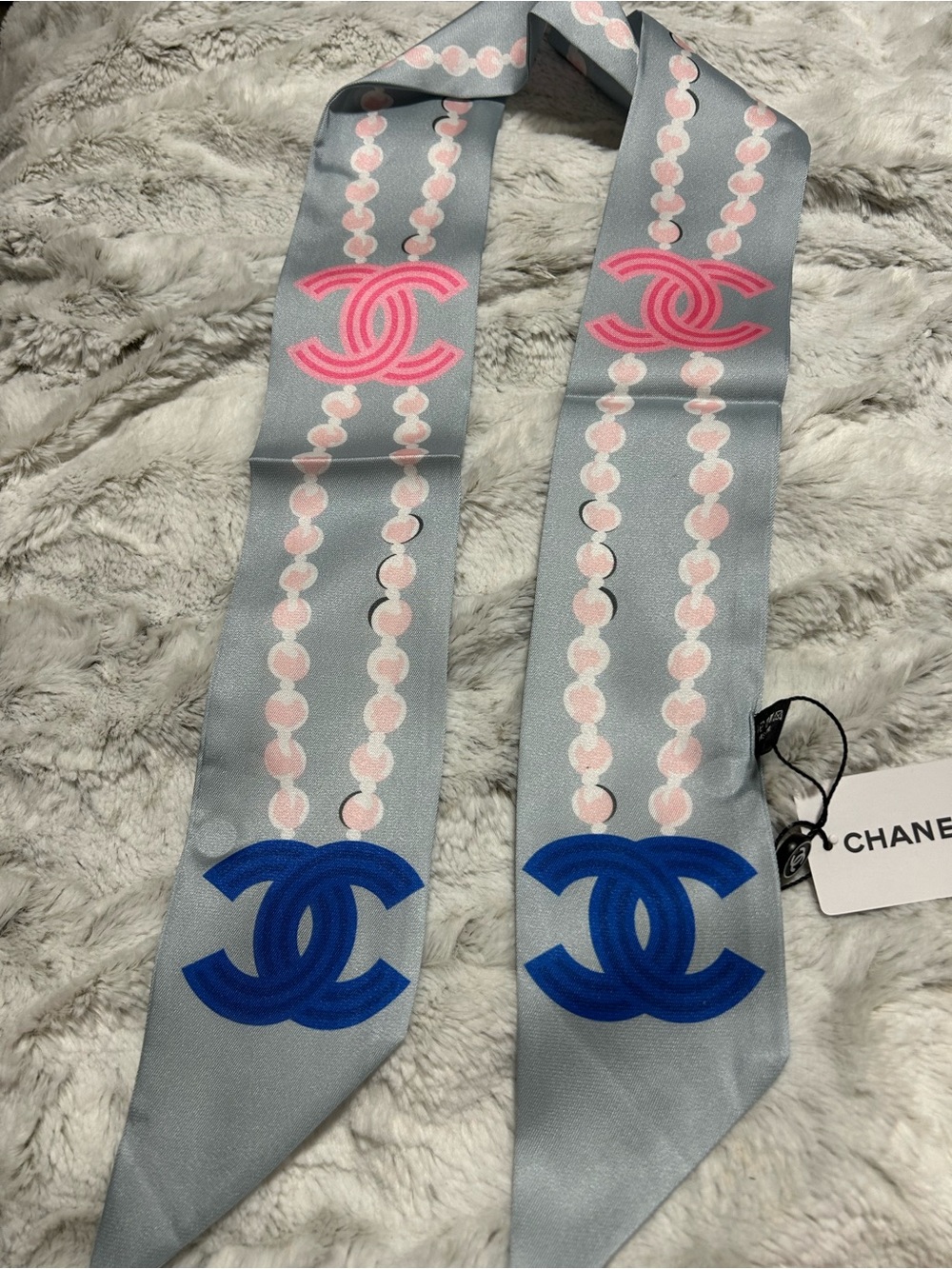 C inspired Grey Silk Scarf Twilly with Pink and Blue Logo Accents